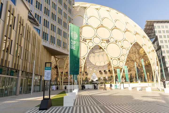 Image of COP 28 with large green promotional flags