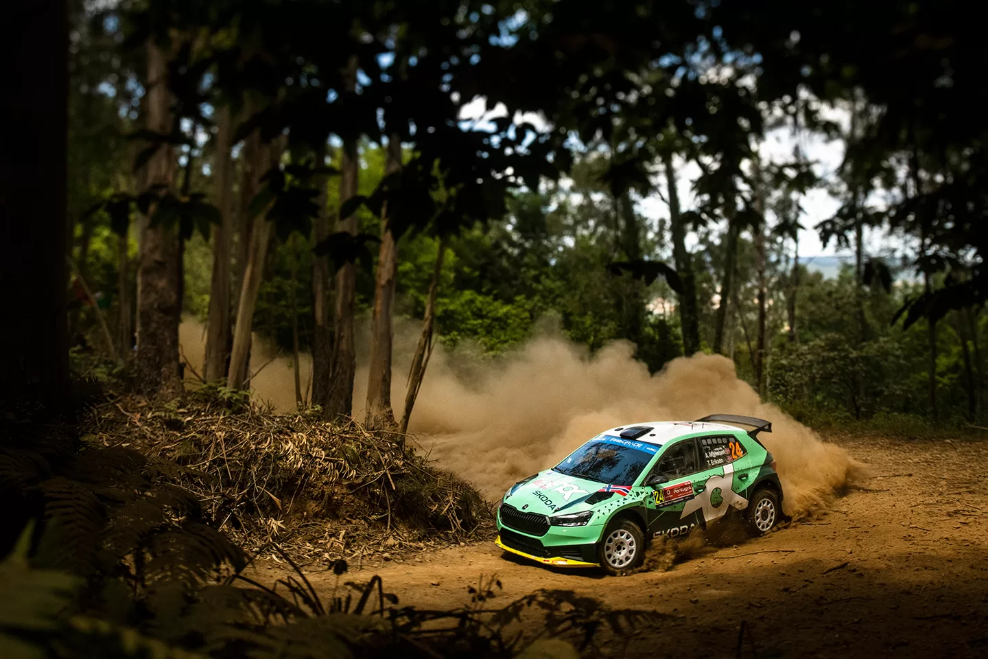 Car quickly cornering on a dirt track in a forest