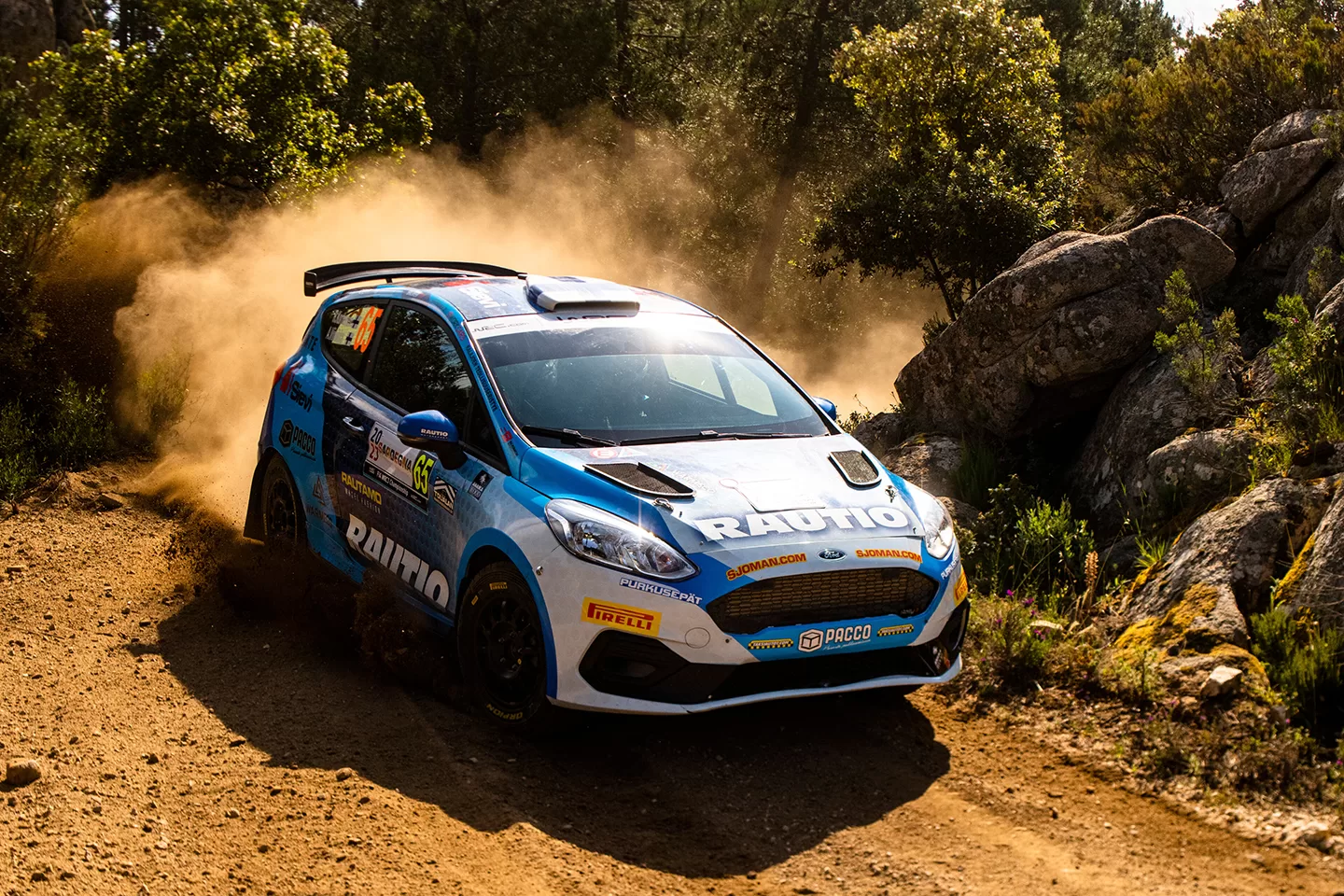 White and blue car on a dirt track