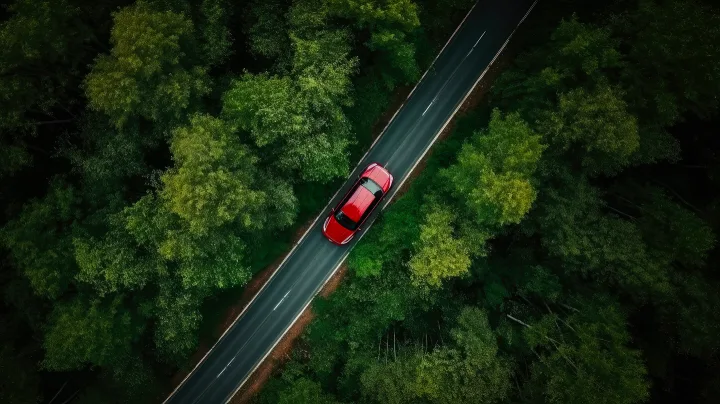 Red car drives through trees