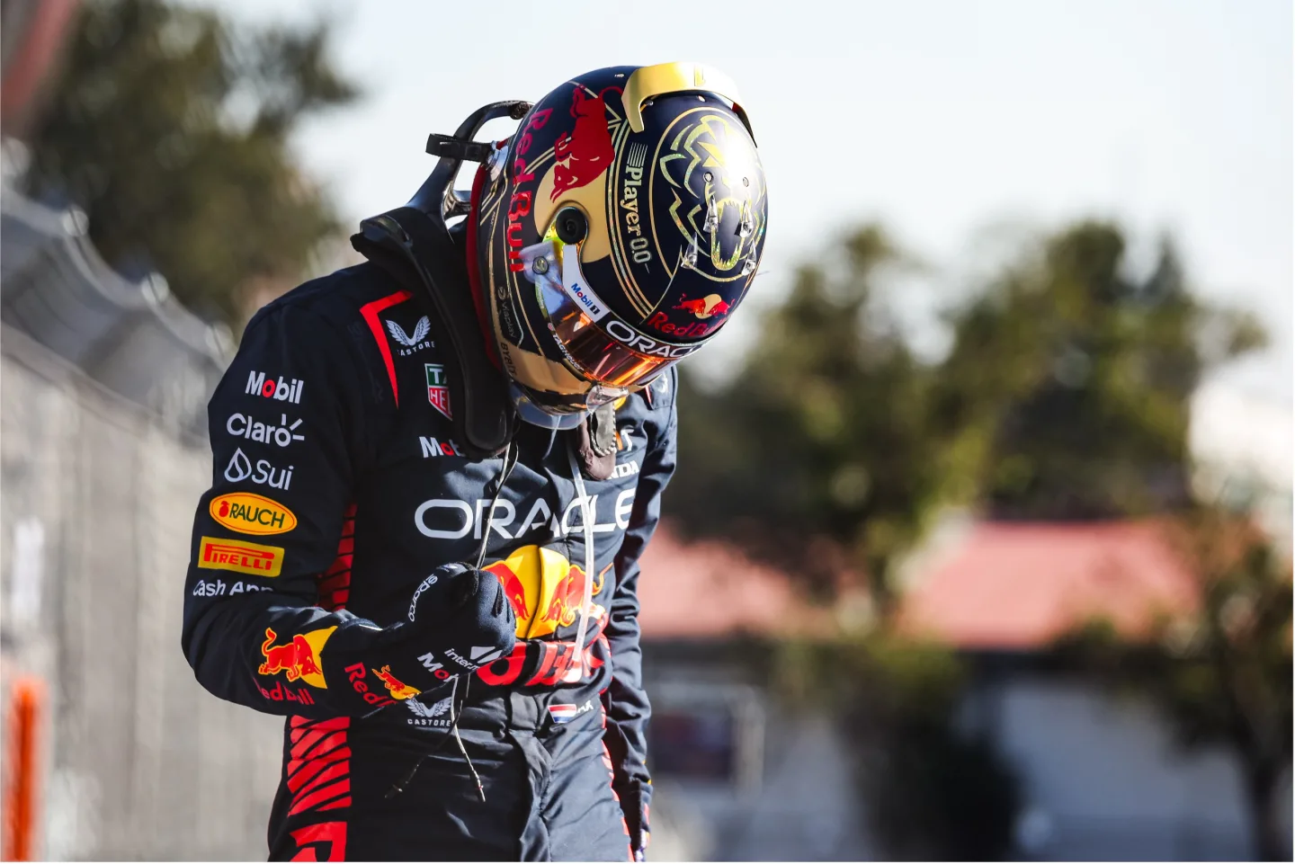 Driver celebrates after race while wearing helmet